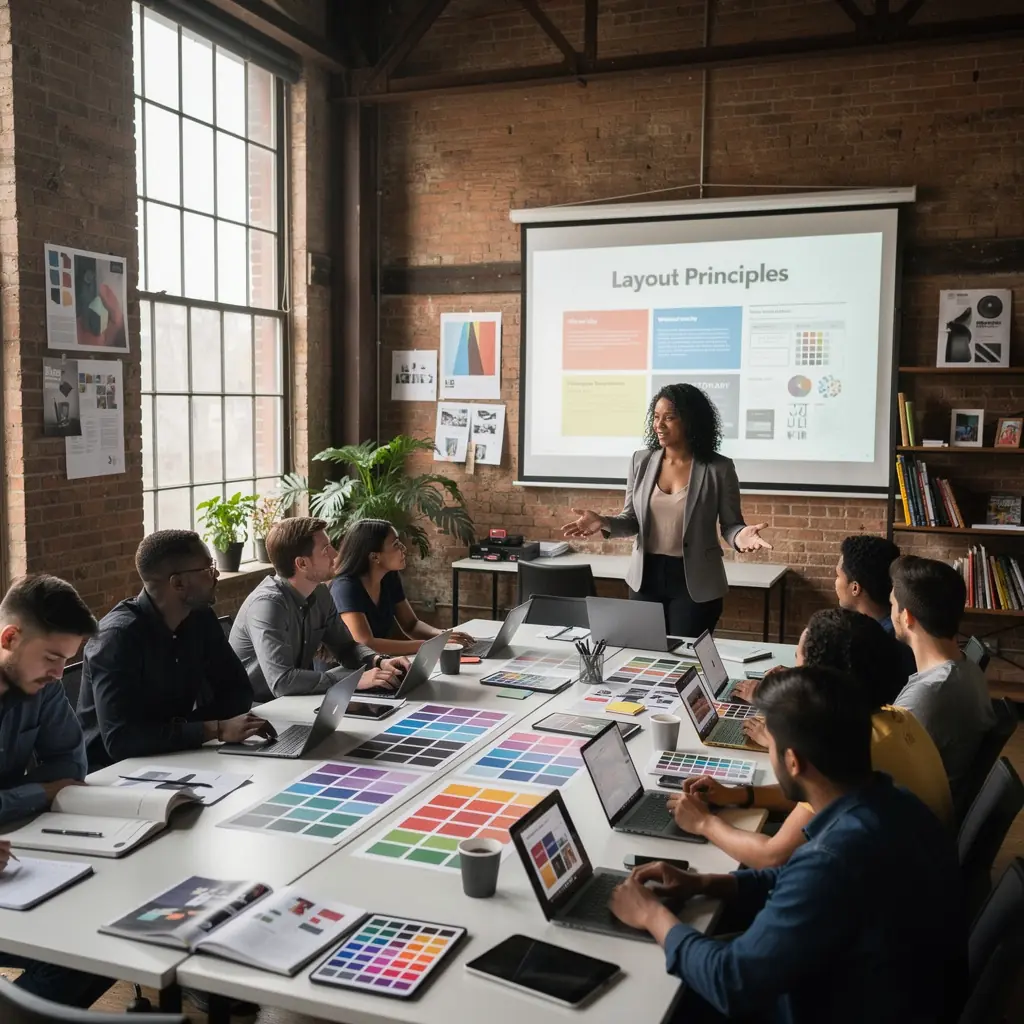 Изображение рабочего стола с открытыми дизайнами и инструментами для работы.